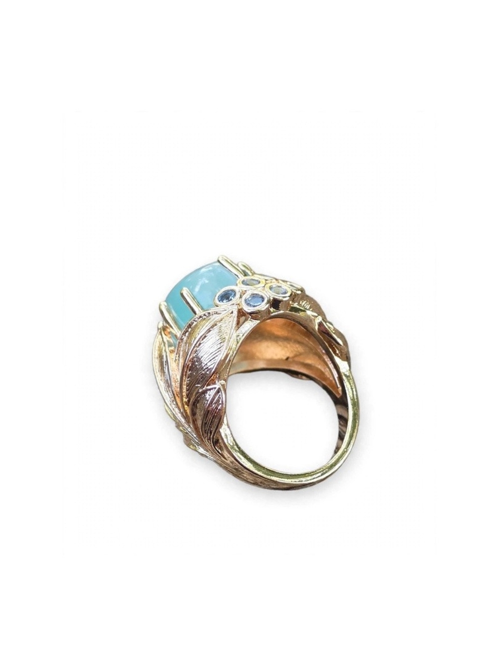 14K Gold Leaf Ring - Vibrant Blue Aqua Cabochon Exotic Statement Ring SZ 7 - Picture 2 of 5